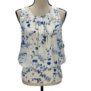 INC Sleeveless Crew Neck Smocked Waist Blouse - White Blue - size Medium